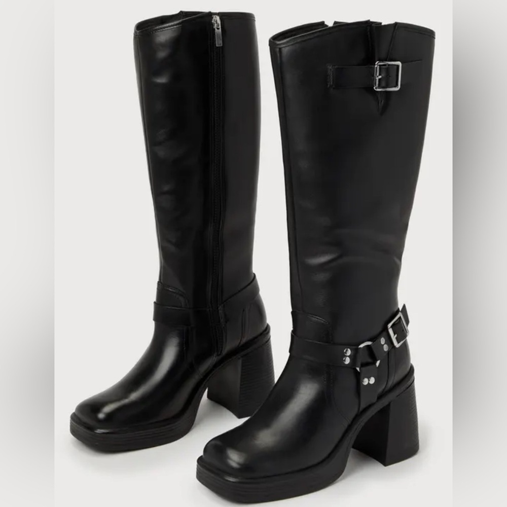 Steven Madden Francine Black Leather Knee-High Moto Boots